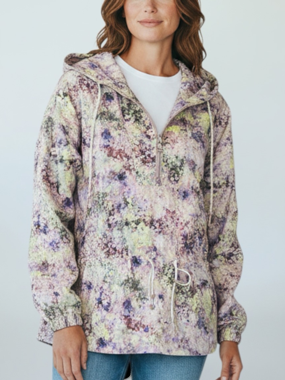 Calia Hooded Windbreaker Jacket Small Purple Floral Water Repellent Pullover